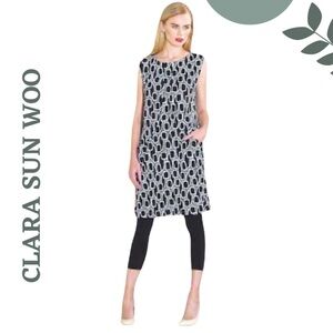 Clara Sun Woo Black & White Print Pocket Shift Dress Sleeveless – Size XS